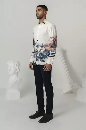 Bright white crystal peak printed work italian crepe shirt
