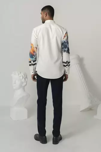 Bright white crystal peak printed work italian crepe shirt