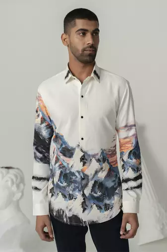 Bright white crystal peak printed work italian crepe shirt