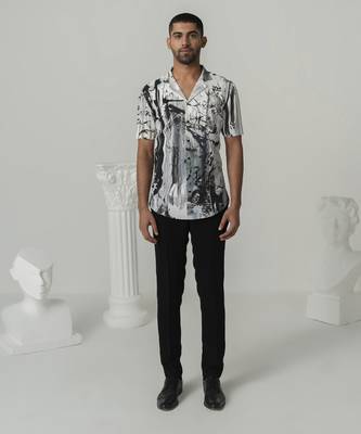 Bright white charcoal bloom printed work italian crepe shirt 1