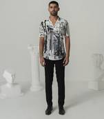 Bright white charcoal bloom printed work italian crepe shirt