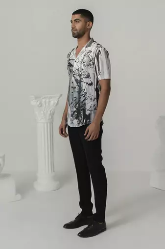 Bright white charcoal bloom printed work italian crepe shirt