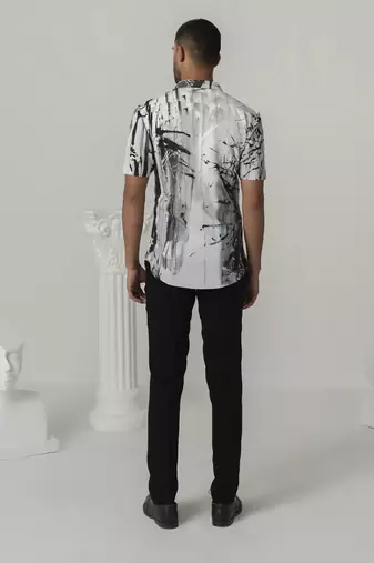 Bright white charcoal bloom printed work italian crepe shirt