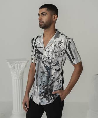 Bright white charcoal bloom printed work italian crepe shirt 4