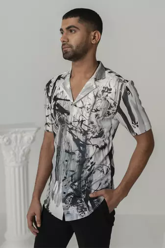 Bright white charcoal bloom printed work italian crepe shirt