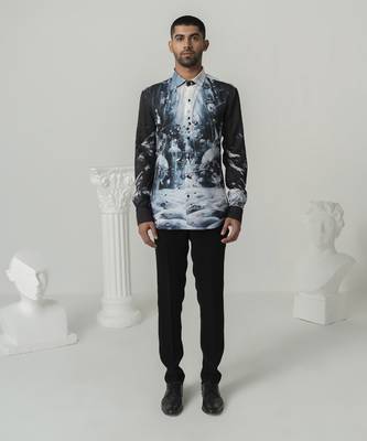 Black celestial surge printed work italian crepe shirt 1