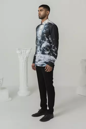 Black celestial surge printed work italian crepe shirt