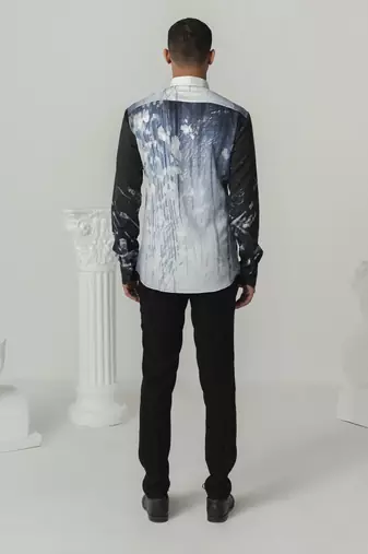 Black celestial surge printed work italian crepe shirt