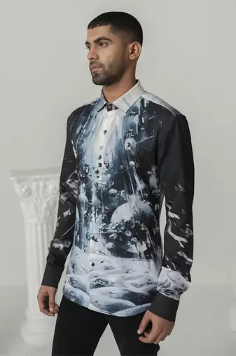 Black celestial surge printed work italian crepe shirt