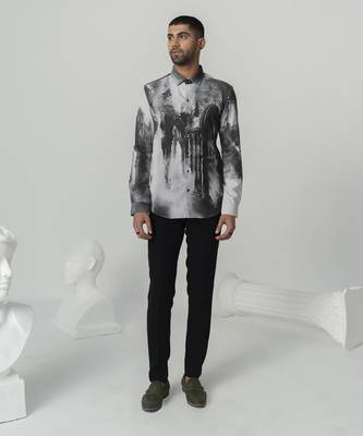Charcoal black greek reverie printed work japanese polyester shirt 1