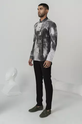 Charcoal black greek reverie printed work japanese polyester shirt