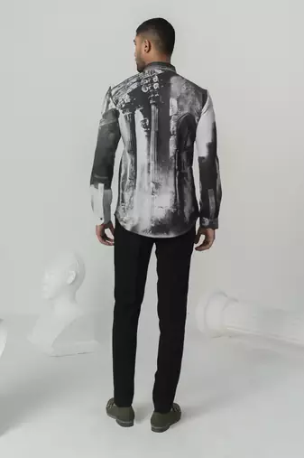 Charcoal black greek reverie printed work japanese polyester shirt