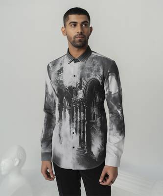 Charcoal black greek reverie printed work japanese polyester shirt 4