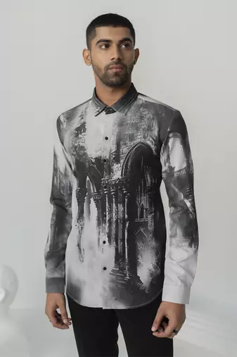 Charcoal black greek reverie printed work japanese polyester shirt