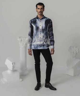 Black cosmic surge printed work italian crepe shirt 1