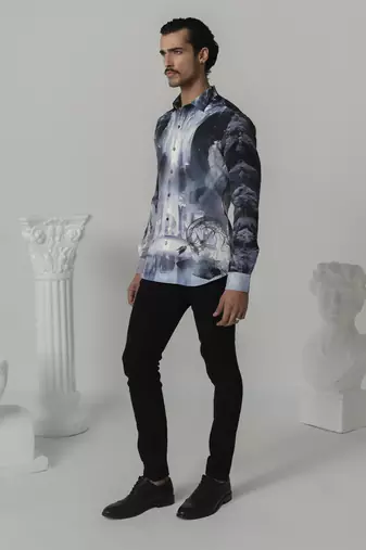Black cosmic surge printed work italian crepe shirt