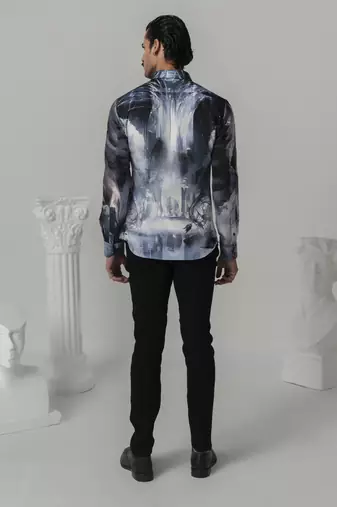 Black cosmic surge printed work italian crepe shirt