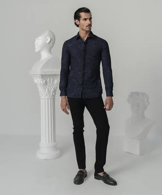 Midnight blue midnight distress printed work italian crepe shirt 1
