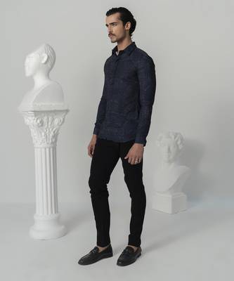 Midnight blue midnight distress printed work italian crepe shirt 2