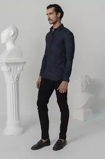 Midnight blue midnight distress printed work italian crepe shirt