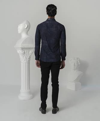 Midnight blue midnight distress printed work italian crepe shirt 3