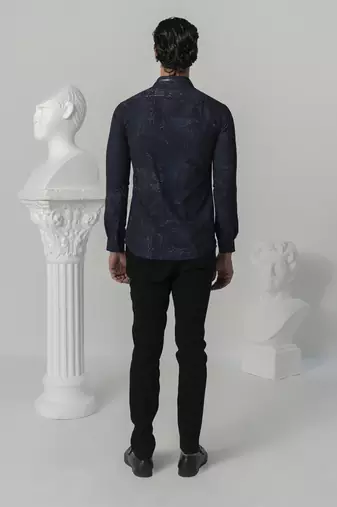 Midnight blue midnight distress printed work italian crepe shirt