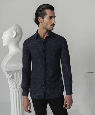 Midnight blue midnight distress printed work italian crepe shirt 4
