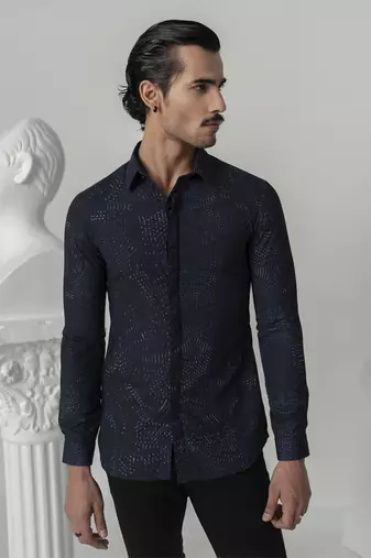 Midnight blue midnight distress printed work italian crepe shirt