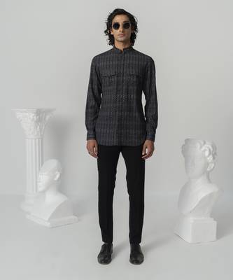 Black abstract texture printed work italian crepe shirt 1