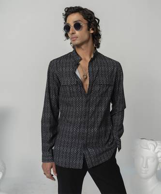 Black abstract texture printed work italian crepe shirt 2