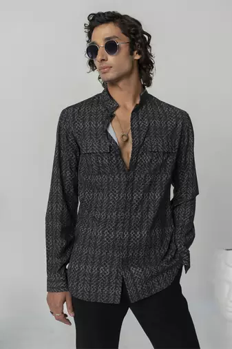 Black abstract texture printed work italian crepe shirt