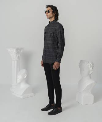 Black abstract texture printed work italian crepe shirt 3