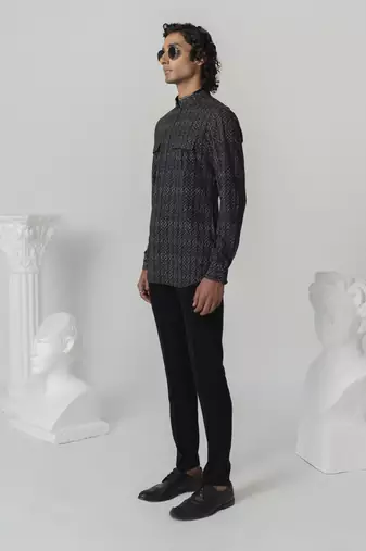 Black abstract texture printed work italian crepe shirt