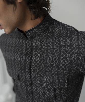 Black abstract texture printed work italian crepe shirt 5