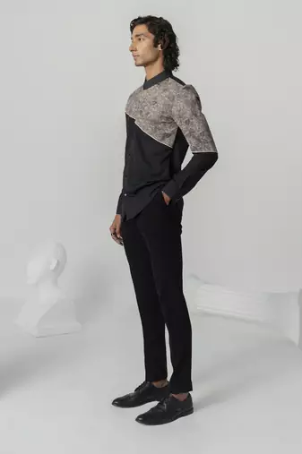Black vintage texture printed work twill shirt