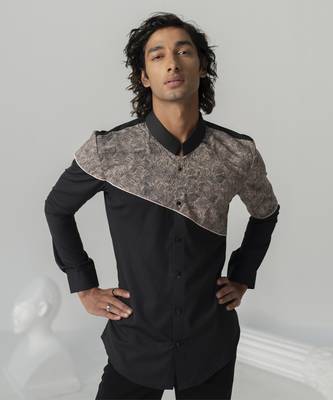 Black vintage texture printed work twill shirt 4