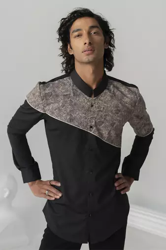 Black vintage texture printed work twill shirt