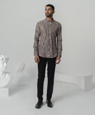 Mud brown vintage soil printed work italian crepe shirt 1