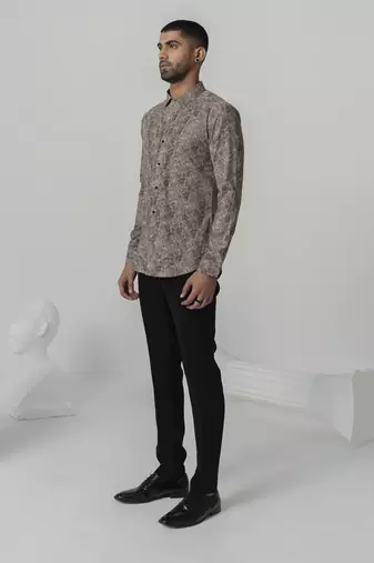 Mud brown vintage soil printed work italian crepe shirt