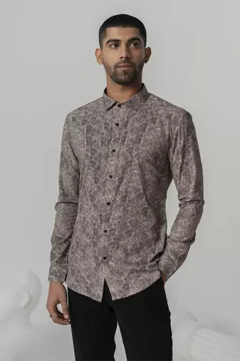 Mud brown vintage soil printed work italian crepe shirt