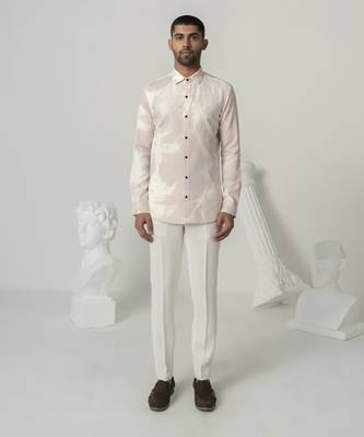 Pinkish petals serene mist printed work italian crepe shirt 1