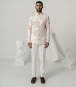 Pinkish petals serene mist printed work italian crepe shirt