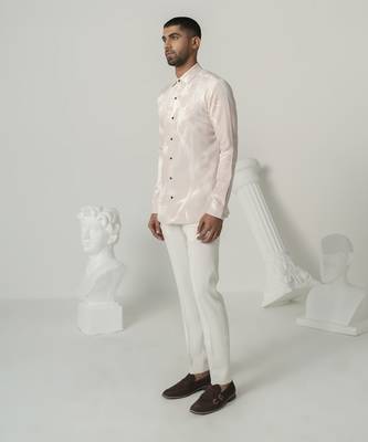 Pinkish petals serene mist printed work italian crepe shirt 2