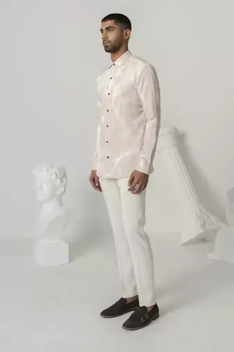 Pinkish petals serene mist printed work italian crepe shirt