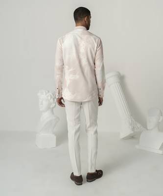 Pinkish petals serene mist printed work italian crepe shirt 3