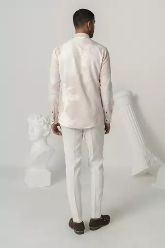 Pinkish petals serene mist printed work italian crepe shirt