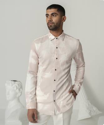 Pinkish petals serene mist printed work italian crepe shirt 4