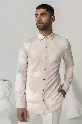 Pinkish petals serene mist printed work italian crepe shirt