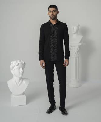 Black lunar pearl printed work japanese polyester shirt 1