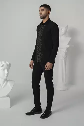 Black lunar pearl printed work japanese polyester shirt